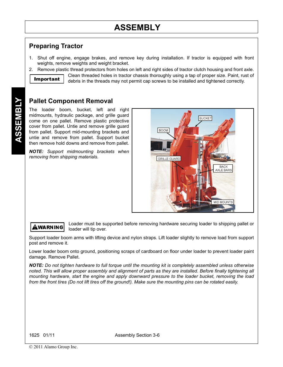 Preparing tractor, Pallet component removal, Preparing tractor -6 pallet component removal -6 | Assembly, Assembl y | Rhinotek F-4243C User Manual | Page 40 / 112