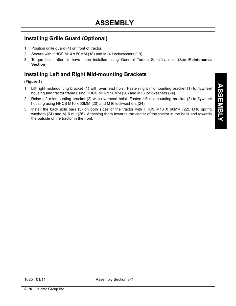 Installing grille guard (optional), Position grille guard (4) on front of tractor, Installing left and right mid-mounting brackets | Assembly, Assembl y | Rhinotek F-4243C User Manual | Page 41 / 112