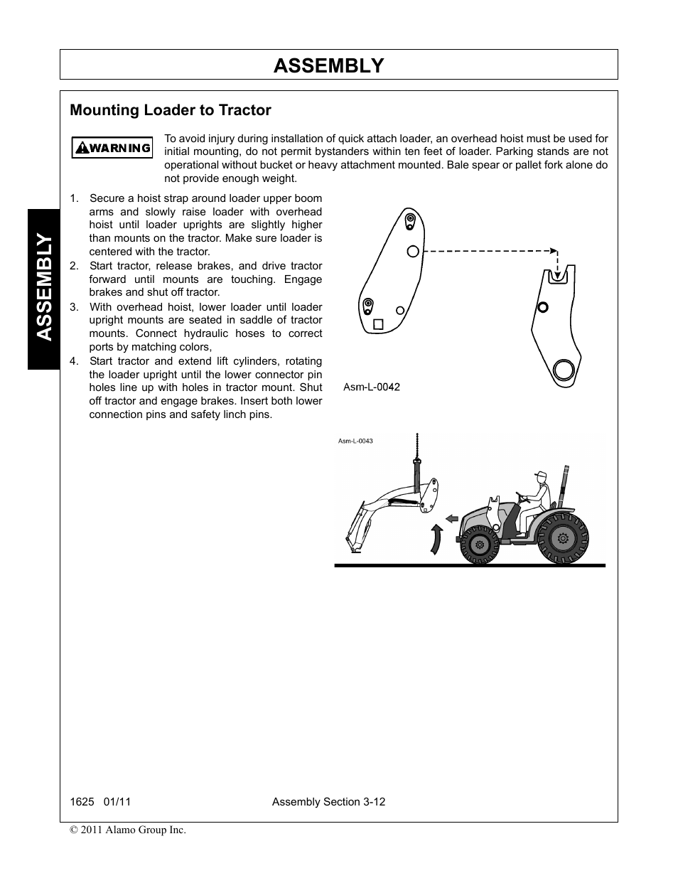 Mounting loader to tractor, Mounting loader to tractor -12, Assembly | Assembl y | Rhinotek F-4243C User Manual | Page 46 / 112