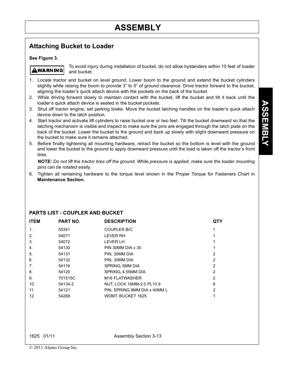 Attaching bucket to loader, Attaching bucket to loader -13, Assembly | Assembl y | Rhinotek F-4243C User Manual | Page 47 / 112