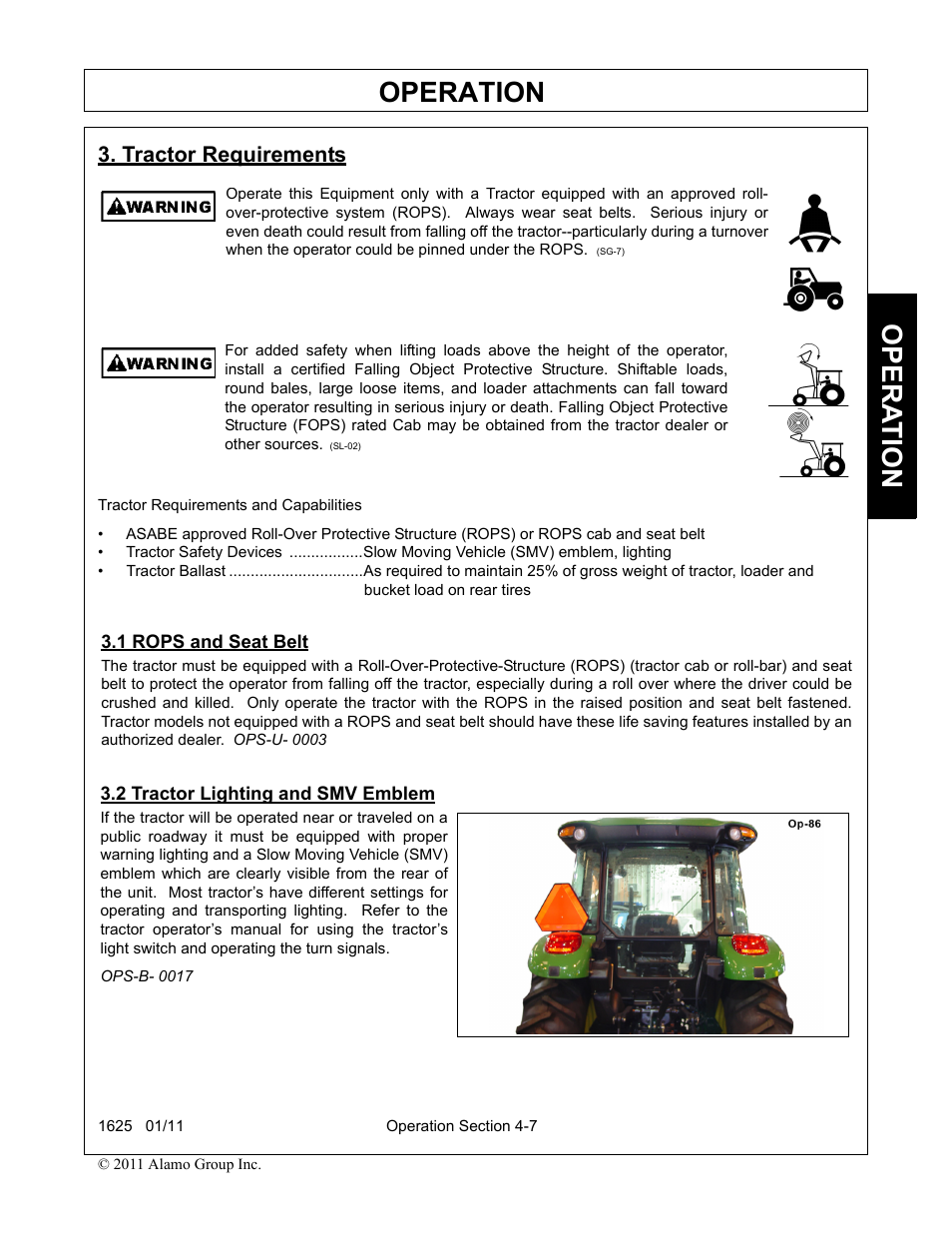 Tractor requirements, 1 rops and seat belt, 2 tractor lighting and smv emblem | Operation, Opera t ion | Rhinotek F-4243C User Manual | Page 61 / 112