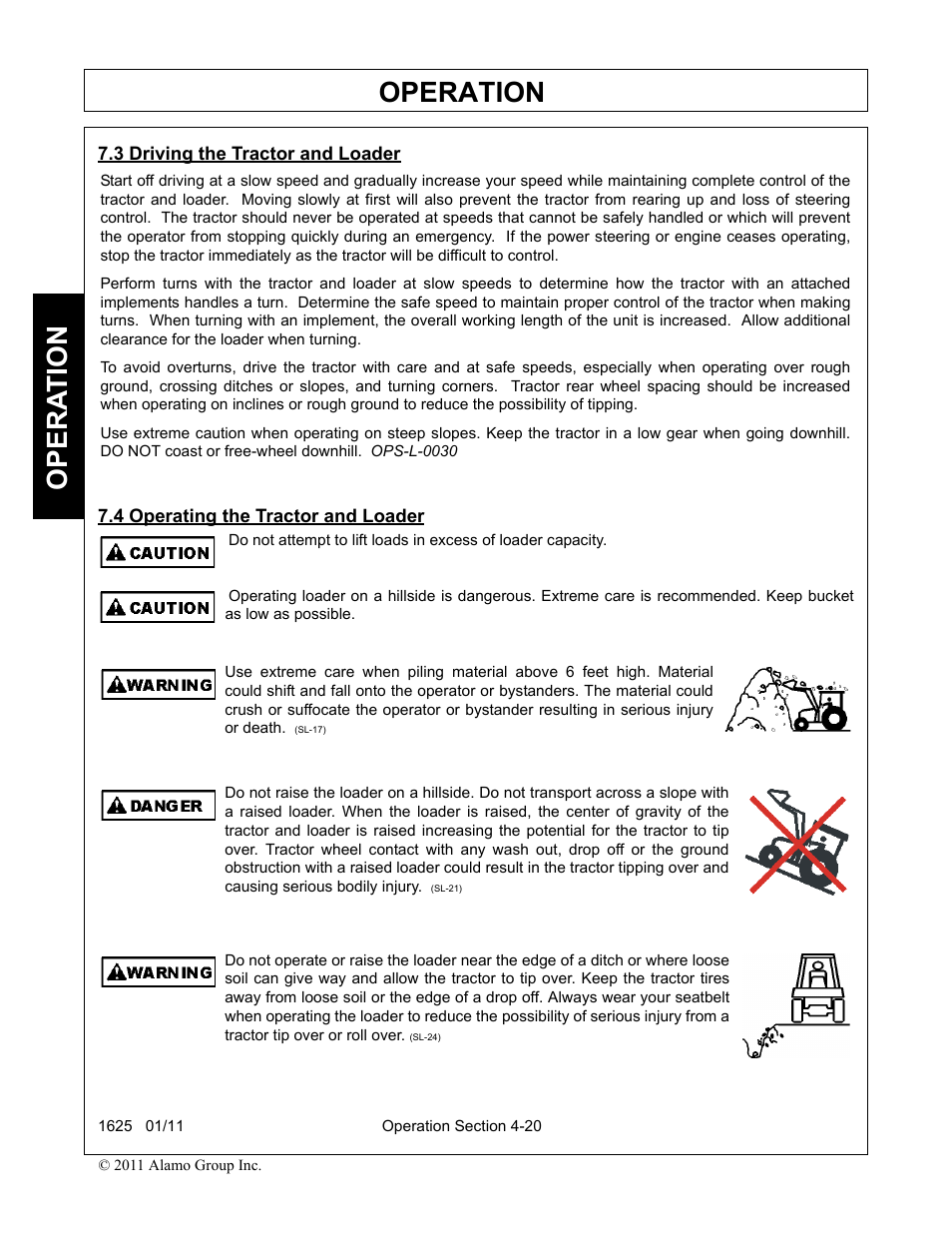 3 driving the tractor and loader, 4 operating the tractor and loader, Operation | Opera t ion | Rhinotek F-4243C User Manual | Page 74 / 112