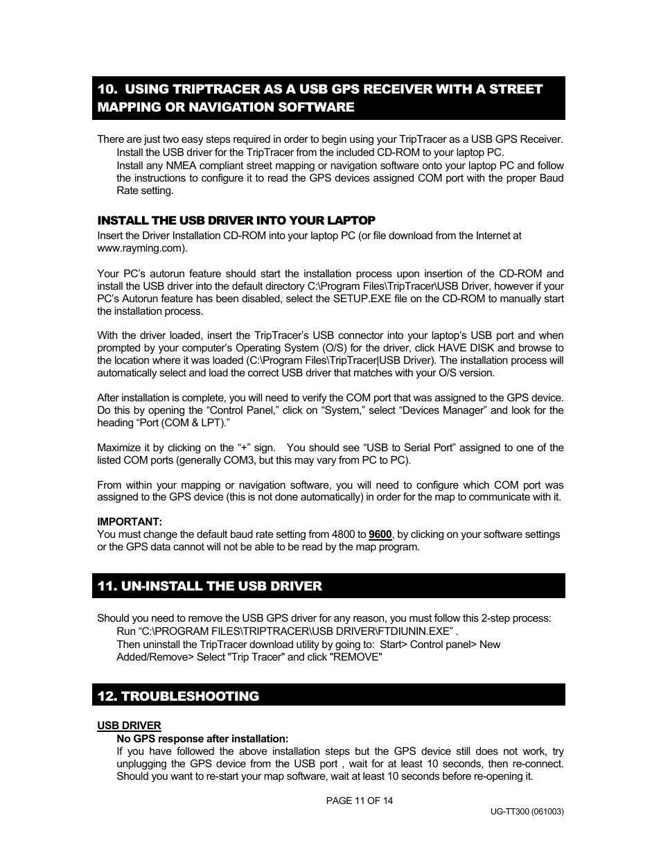 Un-install the usb driver, Troubleshooting, Gpstrackp - tt-300 | Rayming v1.0 User Manual | Page 11 / 14