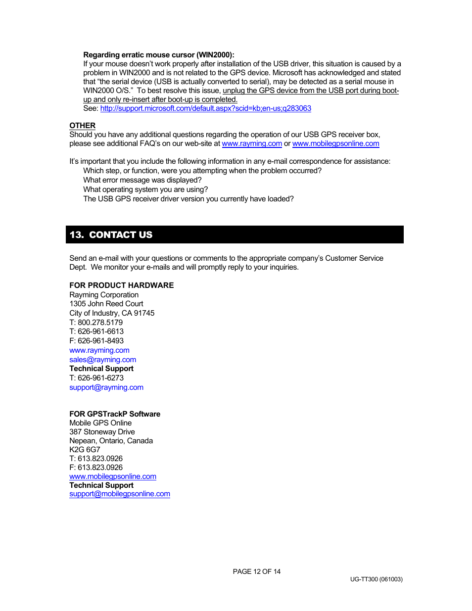 Contact us, Gpstrackp - tt-300 | Rayming v1.0 User Manual | Page 12 / 14