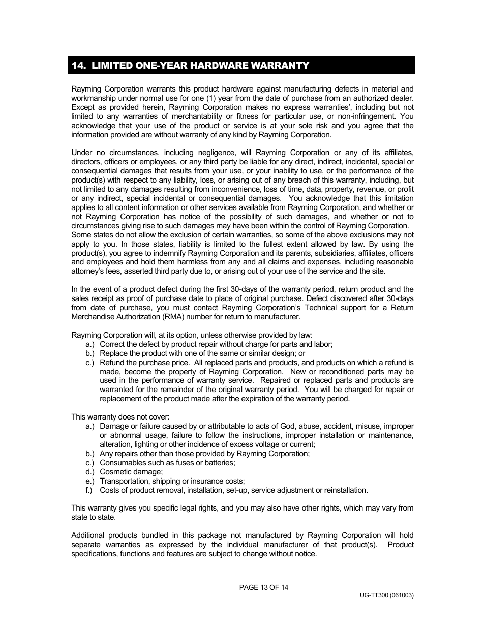 Limited one-year hardware warranty, Gpstrackp - tt-300 | Rayming v1.0 User Manual | Page 13 / 14