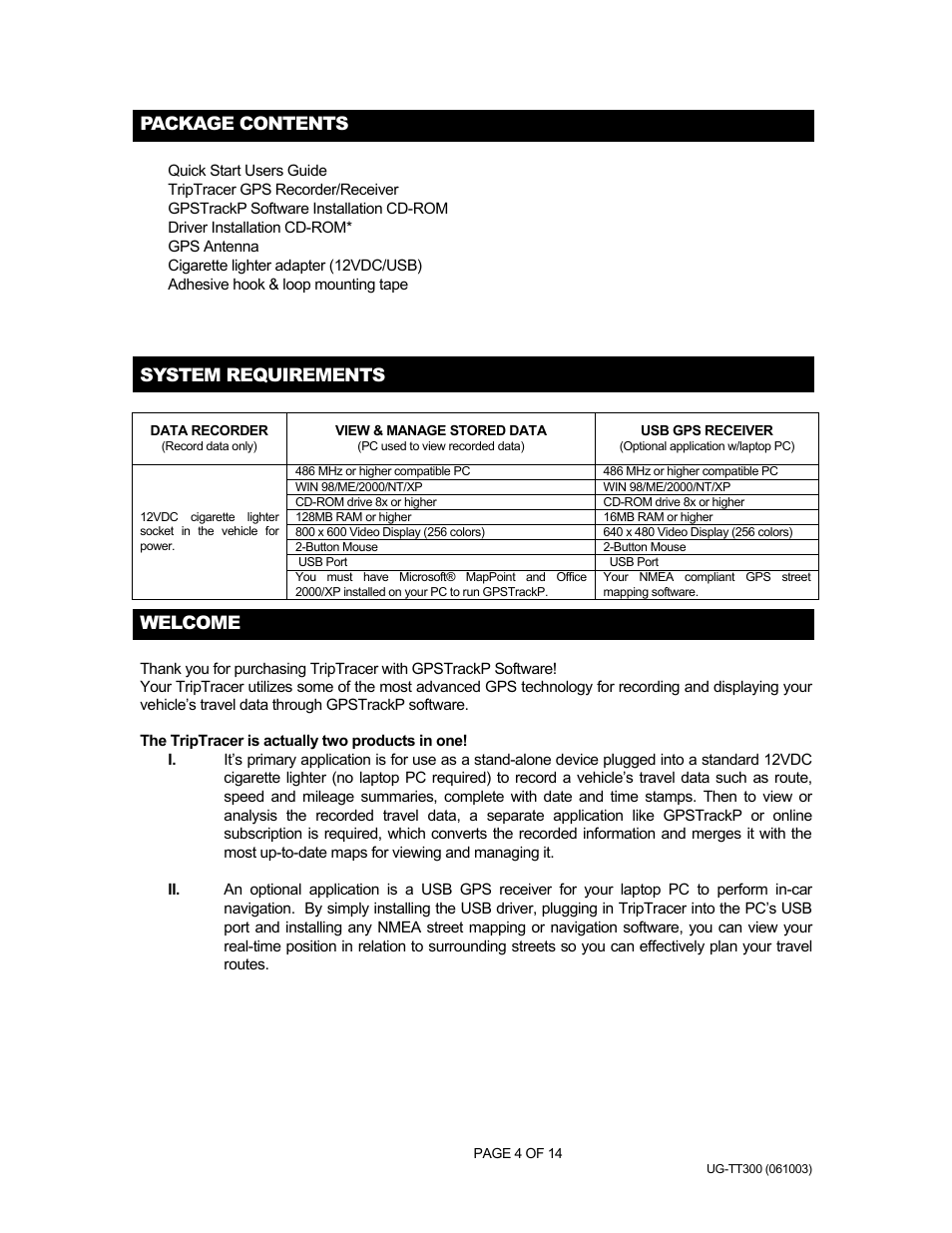 Package contents, System requirements, Welcome | Gpstrackp - tt-300 | Rayming v1.0 User Manual | Page 4 / 14