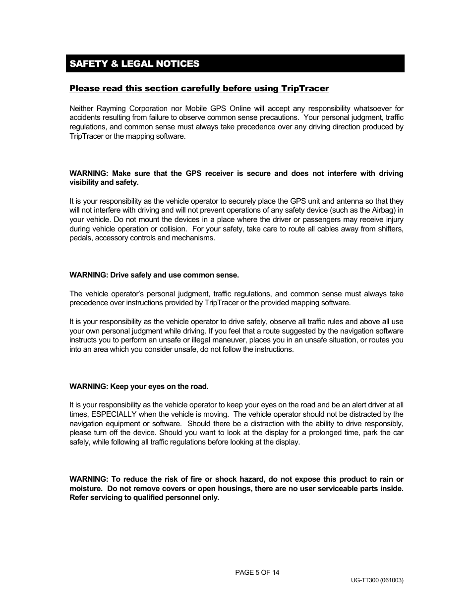Safety & legal notices, Gpstrackp - tt-300 | Rayming v1.0 User Manual | Page 5 / 14