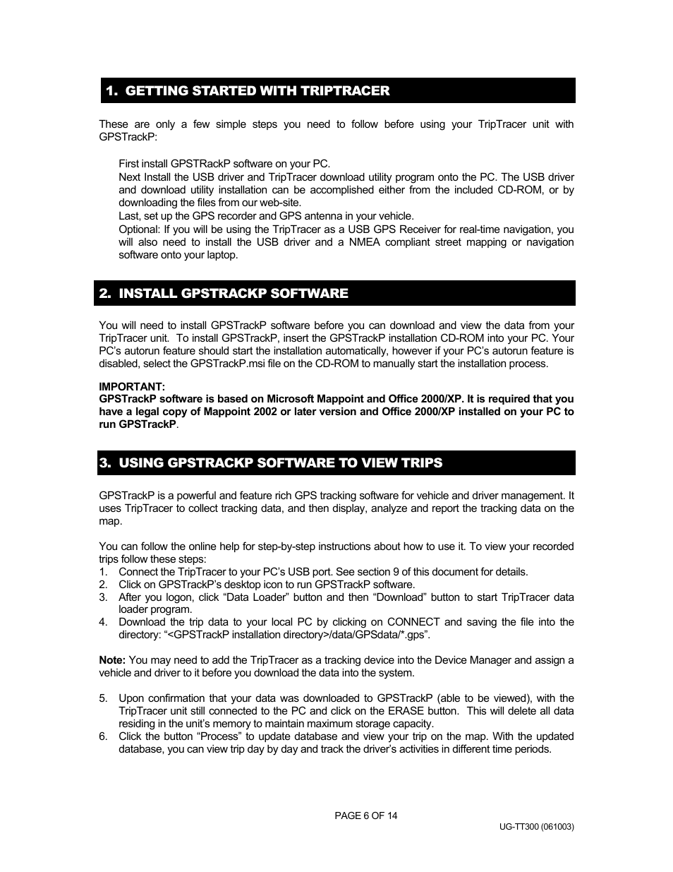 Install gpstrackp software, Using gpstrackp software to view trips, Getting started with triptracer | Gpstrackp - tt-300 | Rayming v1.0 User Manual | Page 6 / 14