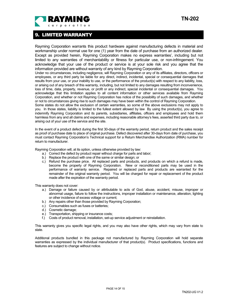 Tn-202, Limited warranty | Rayming TN-202 User Manual | Page 14 / 15