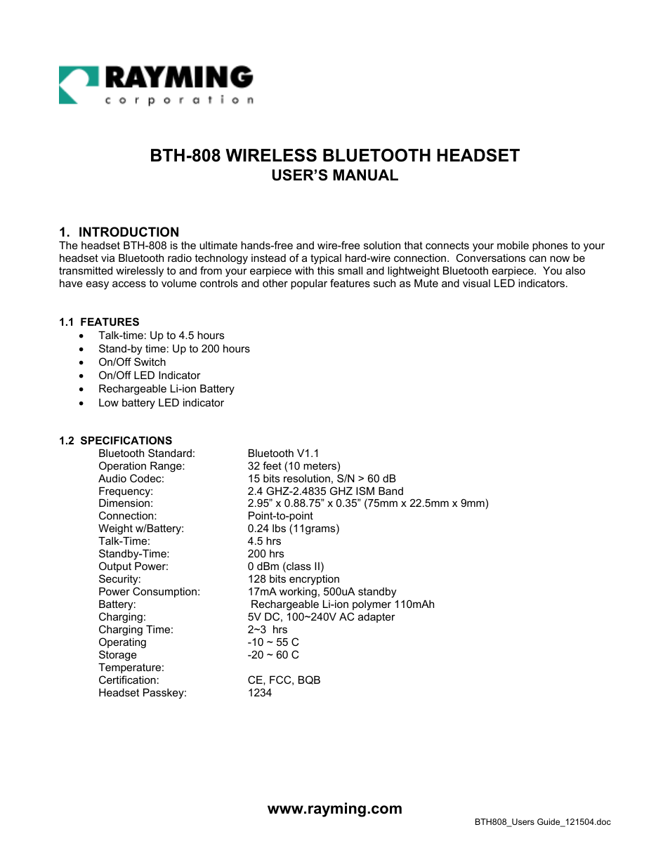 Rayming BTH-808 User Manual | 9 pages