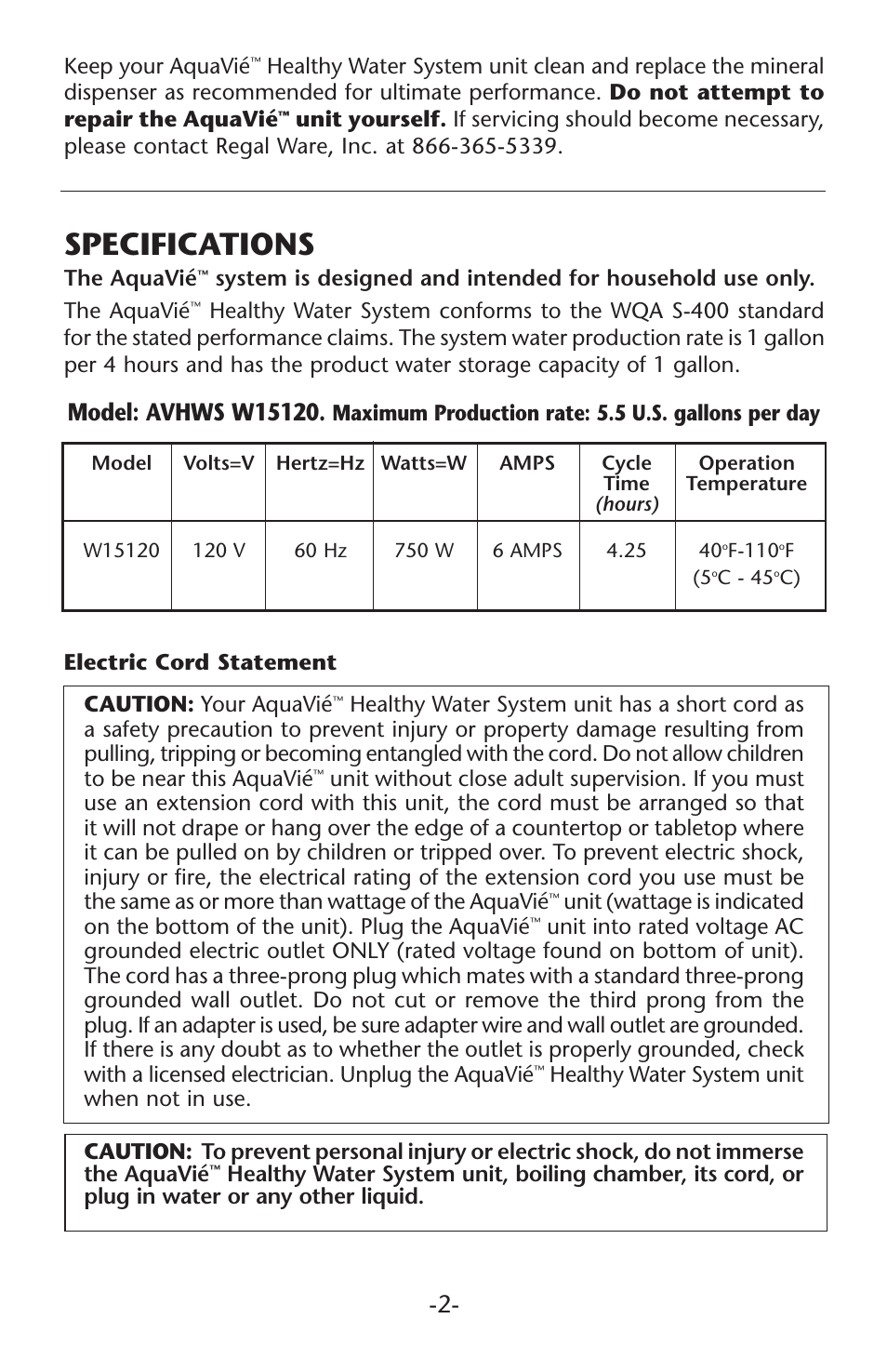 Specifications, Keep your aquavié, The aquavié | Regal Ware W15120 User Manual | Page 5 / 12