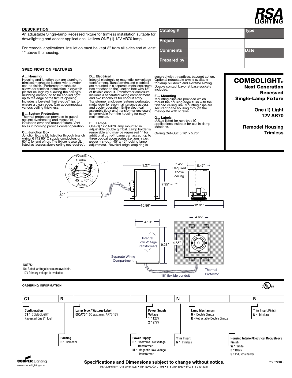 RSA Lighting 12V AR70 User Manual | 1 page