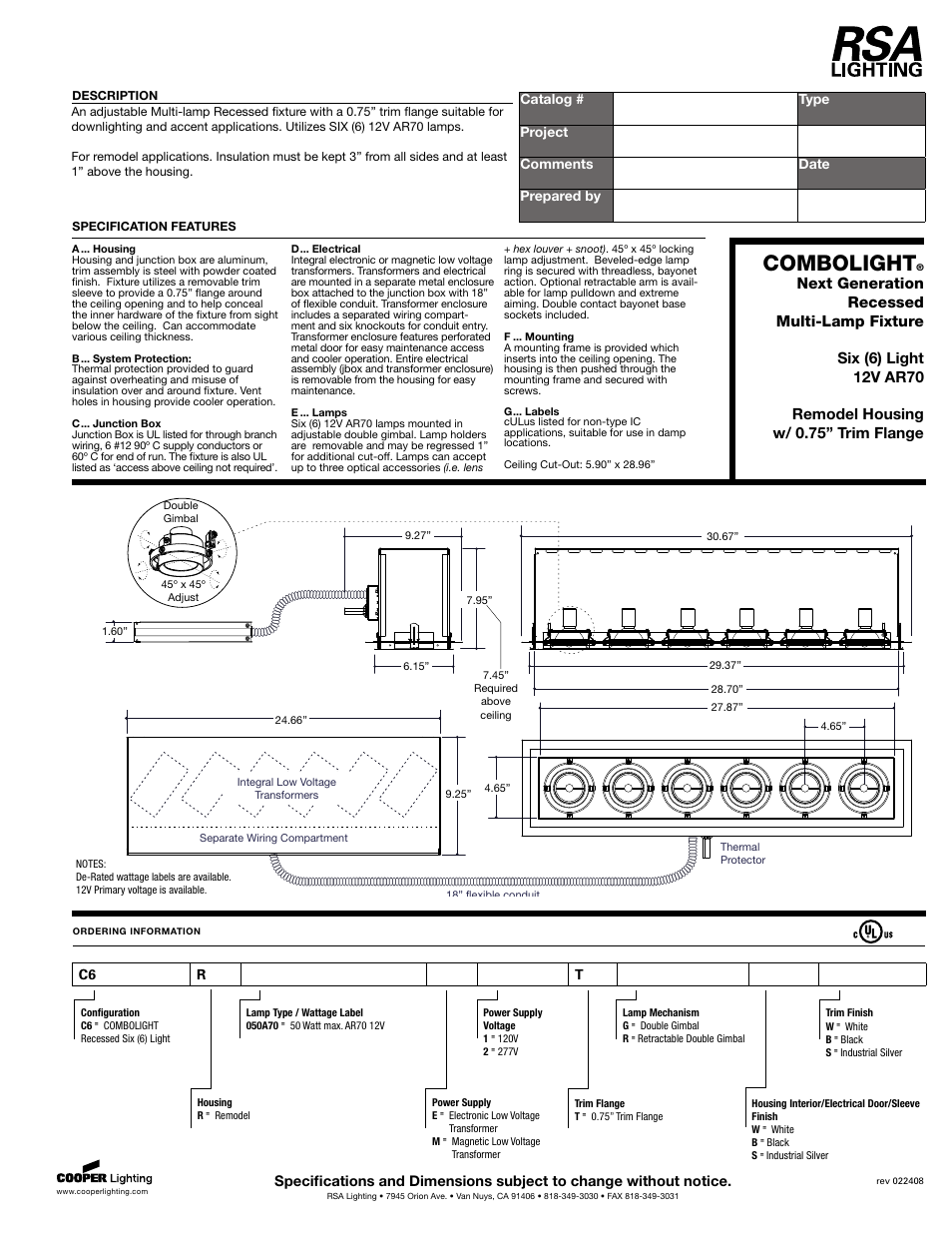 RSA Lighting AR70 User Manual | 1 page