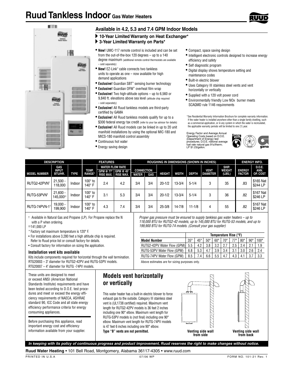Ruud Tankless Indoor RUTG2-42PV User Manual | 1 page