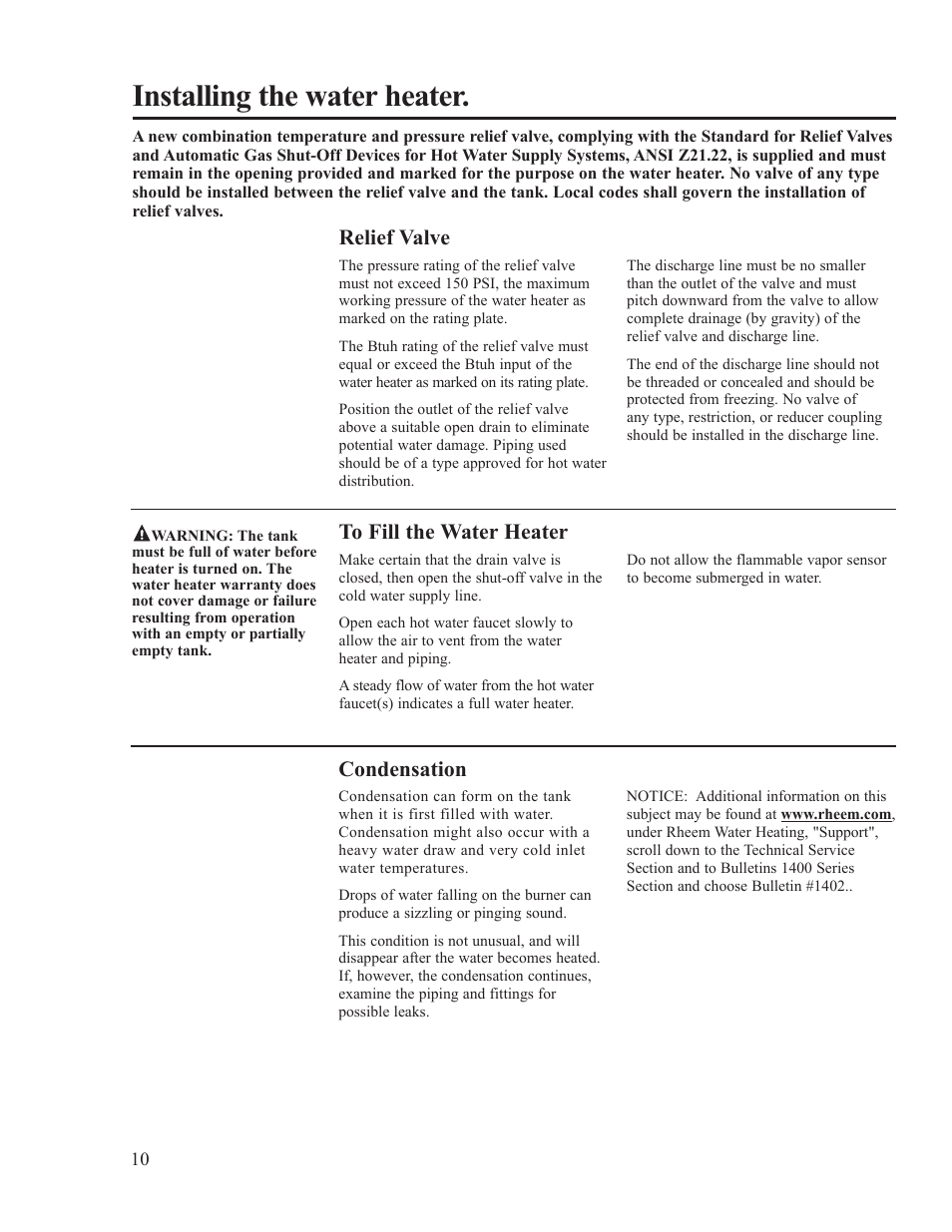 Installing the water heater, Relief valve, Condensation | Ruud PowerVent AP14236 User Manual | Page 10 / 36