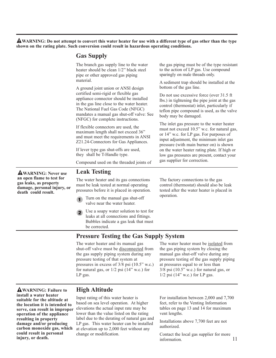 Leak testing, High altitude, Pressure testing the gas supply system | Gas supply | Ruud PowerVent AP14236 User Manual | Page 11 / 36