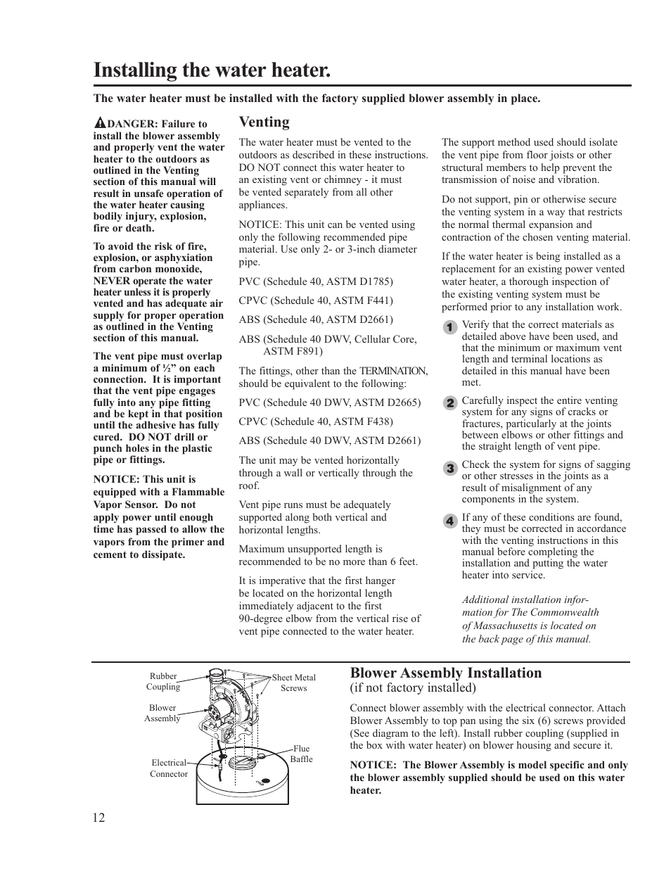 Installing the water heater, Venting, Blower assembly installation | Ruud PowerVent AP14236 User Manual | Page 12 / 36