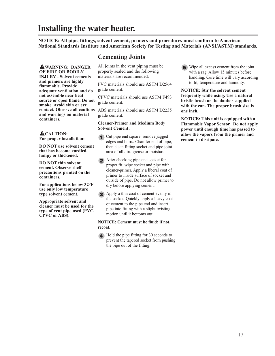 Installing the water heater, Cementing joints | Ruud PowerVent AP14236 User Manual | Page 17 / 36