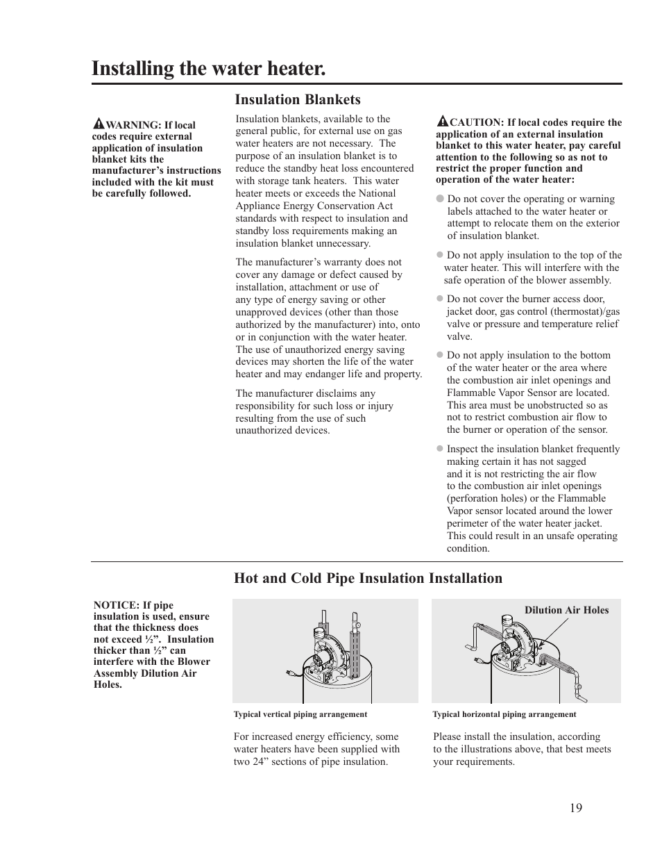 Installing the water heater, Hot and cold pipe insulation installation, Insulation blankets | Ruud PowerVent AP14236 User Manual | Page 19 / 36