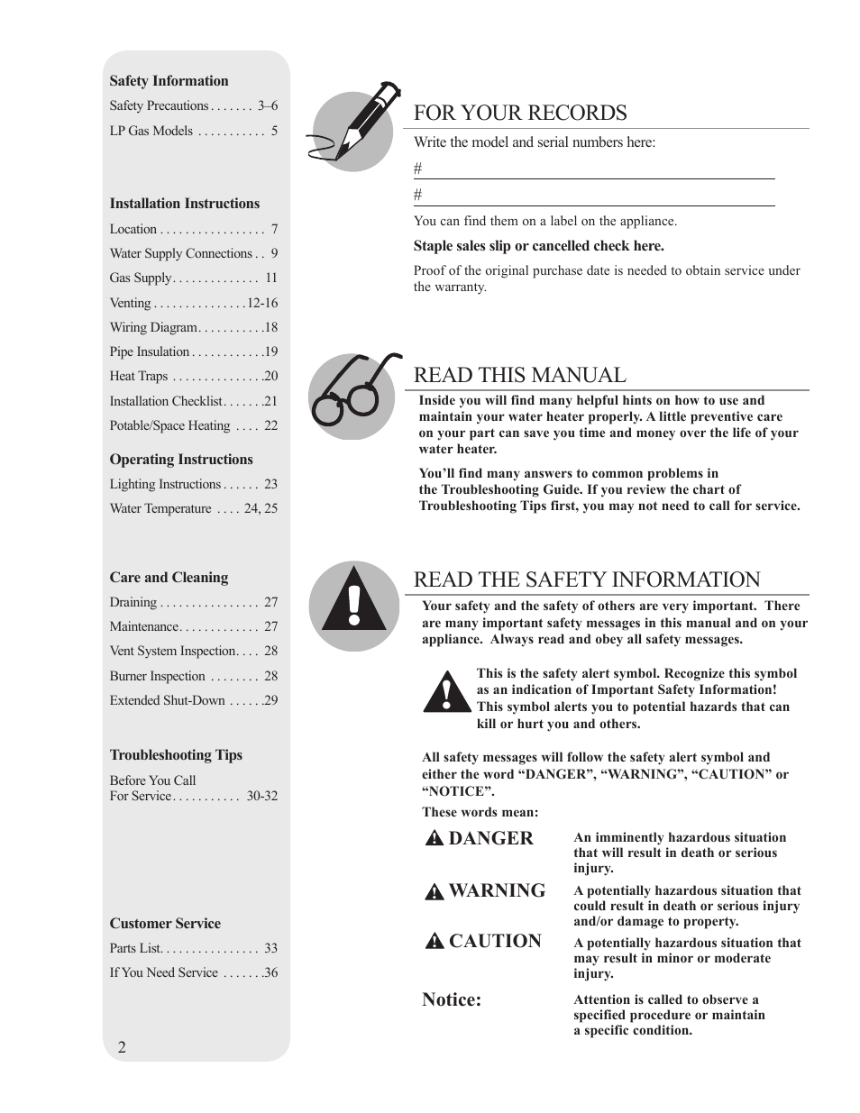 For your records, Read this manual, Read the safety information | Danger, Warning, Caution, Notice | Ruud PowerVent AP14236 User Manual | Page 2 / 36