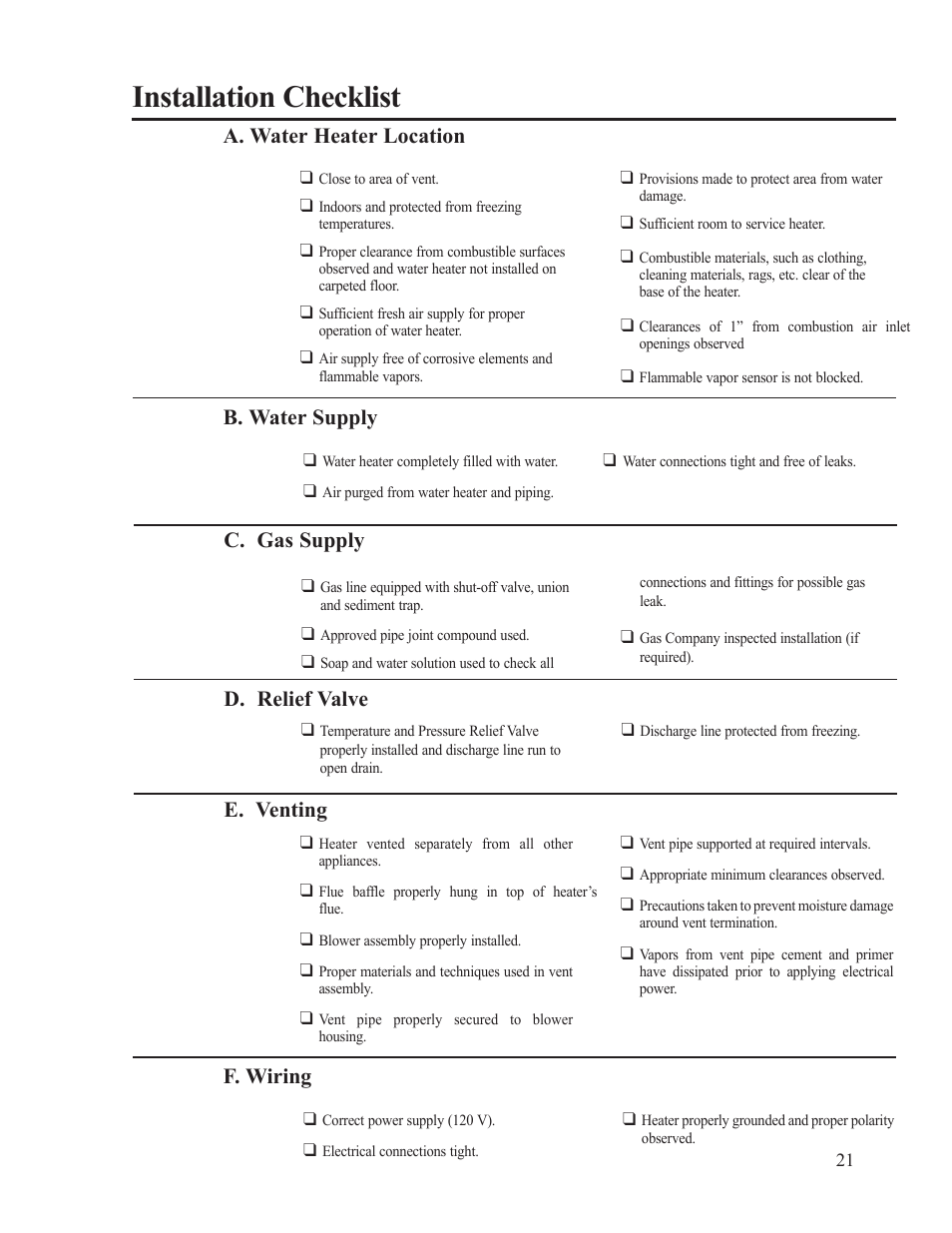 Installation checklist, F. wiring | Ruud PowerVent AP14236 User Manual | Page 21 / 36