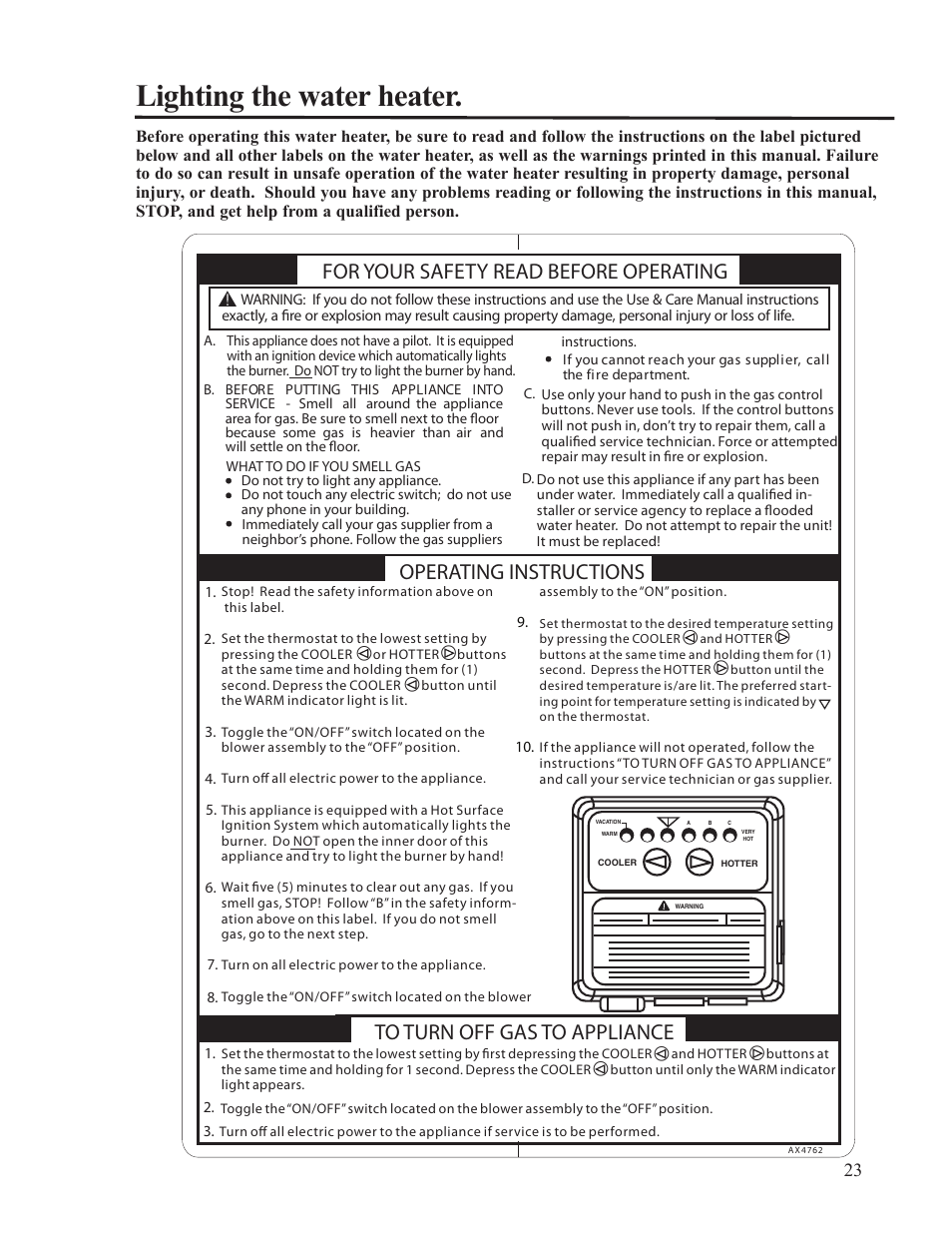 Lighting the water heater, For your safety read before operating, Operating instructions | Ruud PowerVent AP14236 User Manual | Page 23 / 36