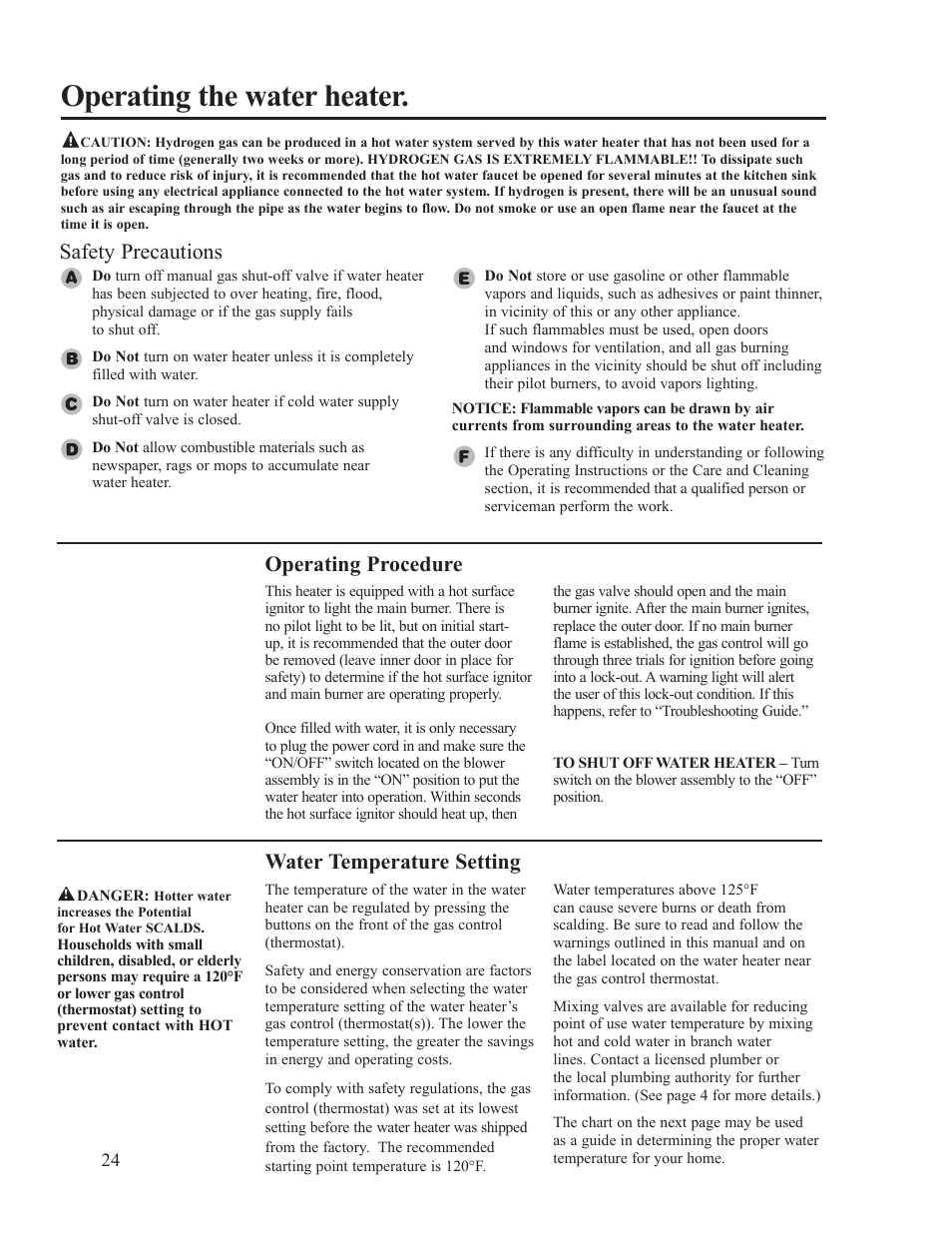 Operating the water heater, Safety precautions, Water temperature setting | Operating procedure | Ruud PowerVent AP14236 User Manual | Page 24 / 36