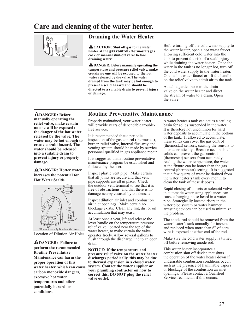 Care and cleaning of the water heater, Draining the water heater, Routine preventative maintenance | Ruud PowerVent AP14236 User Manual | Page 27 / 36