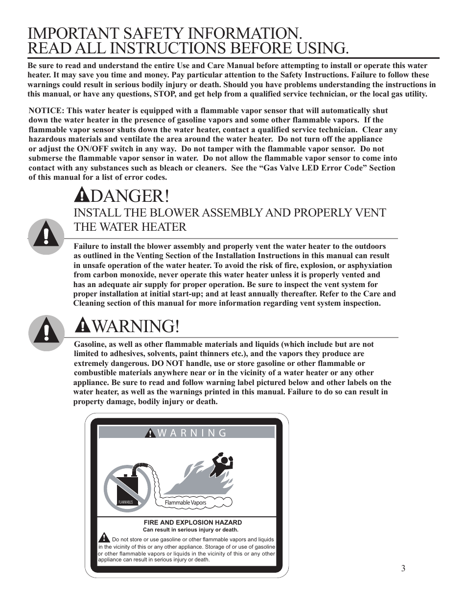 Danger, Warning | Ruud PowerVent AP14236 User Manual | Page 3 / 36