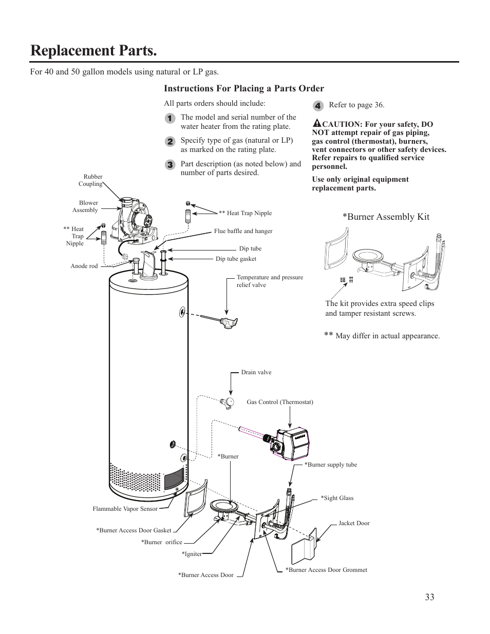 Replacement parts, Instructions for placing a parts order, Burner assembly kit | Ruud PowerVent AP14236 User Manual | Page 33 / 36