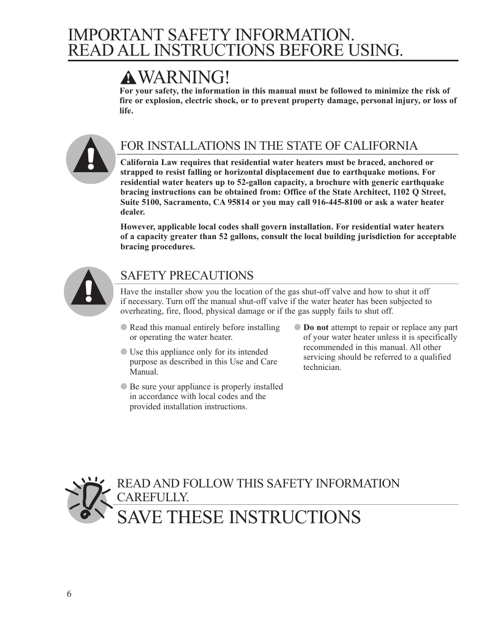 Warning, Save these instructions, For installations in the state of california | Ruud PowerVent AP14236 User Manual | Page 6 / 36