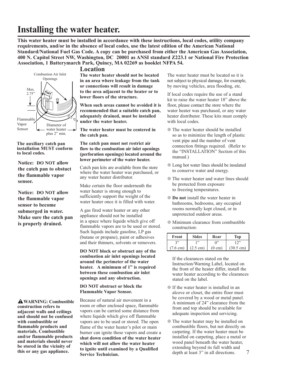 Installing the water heater, Location | Ruud PowerVent AP14236 User Manual | Page 7 / 36