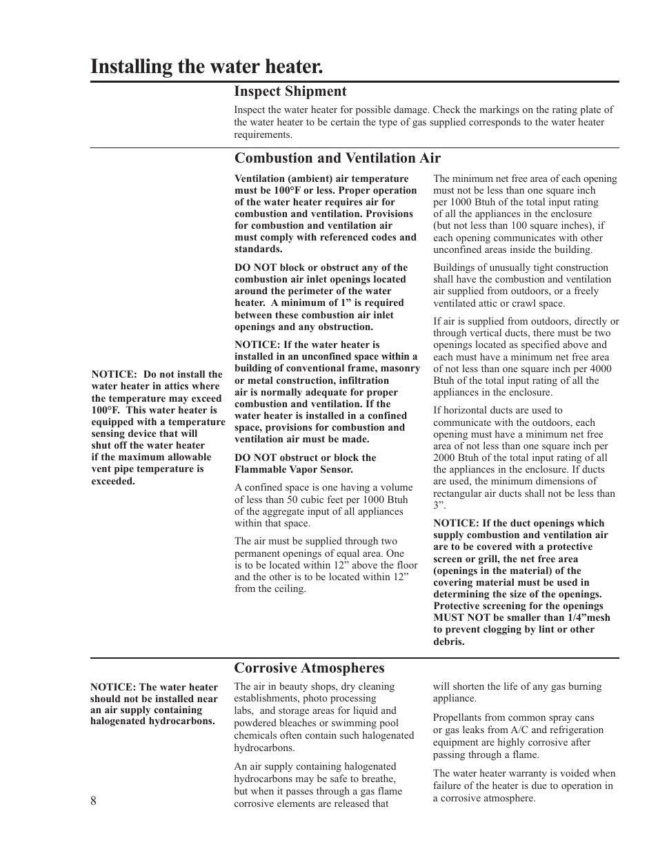 Installing the water heater, Combustion and ventilation air, Corrosive atmospheres | Inspect shipment | Ruud PowerVent AP14236 User Manual | Page 8 / 36
