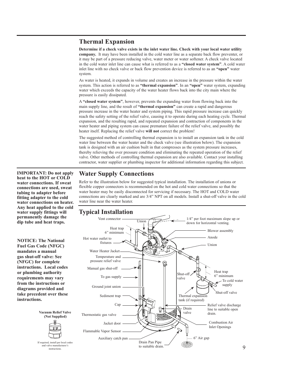 Thermal expansion, Typical installation, Water supply connections | Ruud PowerVent AP14236 User Manual | Page 9 / 36