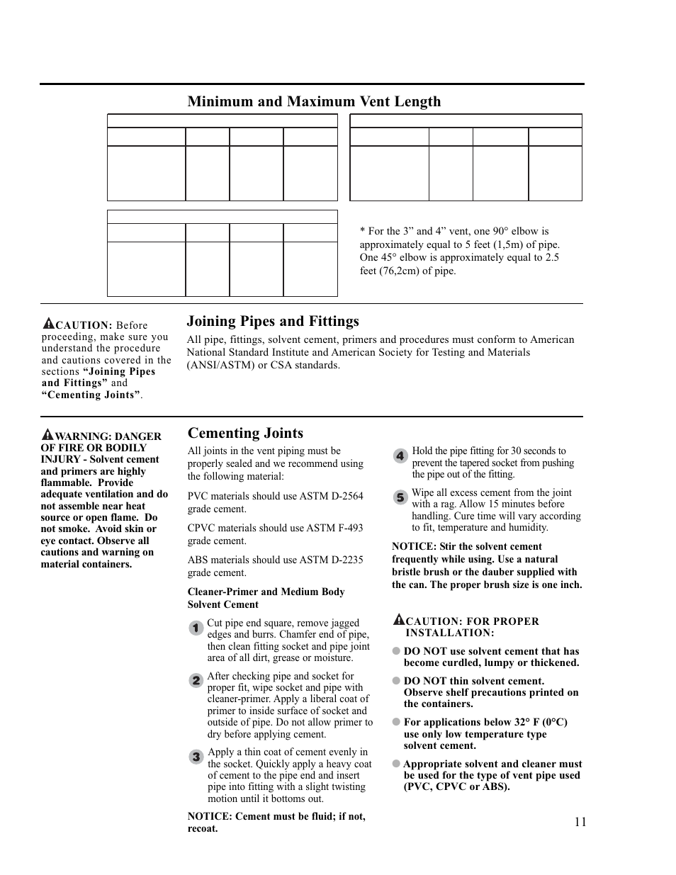 Minimum and maximum vent length, Joining pipes and fittings, Cementing joints | Ruud PowerVent 2 AP13370-2 User Manual | Page 11 / 28