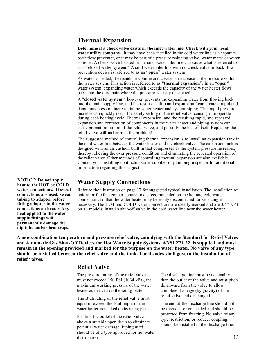 Relief valve, Thermal expansion, Water supply connections | Ruud PowerVent 2 AP13370-2 User Manual | Page 13 / 28