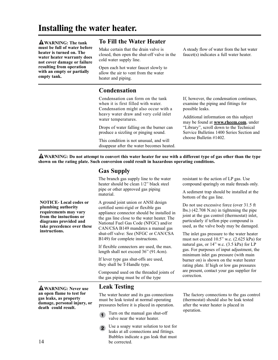 Installing the water heater, Leak testing, Gas supply | Condensation | Ruud PowerVent 2 AP13370-2 User Manual | Page 14 / 28