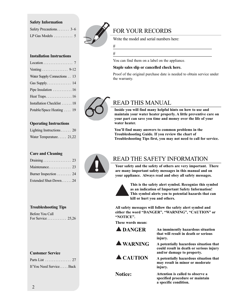 Read this manual for your records, Read the safety information, Danger | Warning, Caution, Notice | Ruud PowerVent 2 AP13370-2 User Manual | Page 2 / 28