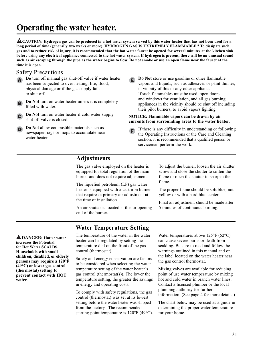Operating the water heater, Water temperature setting, Safety precautions | Adjustments | Ruud PowerVent 2 AP13370-2 User Manual | Page 21 / 28
