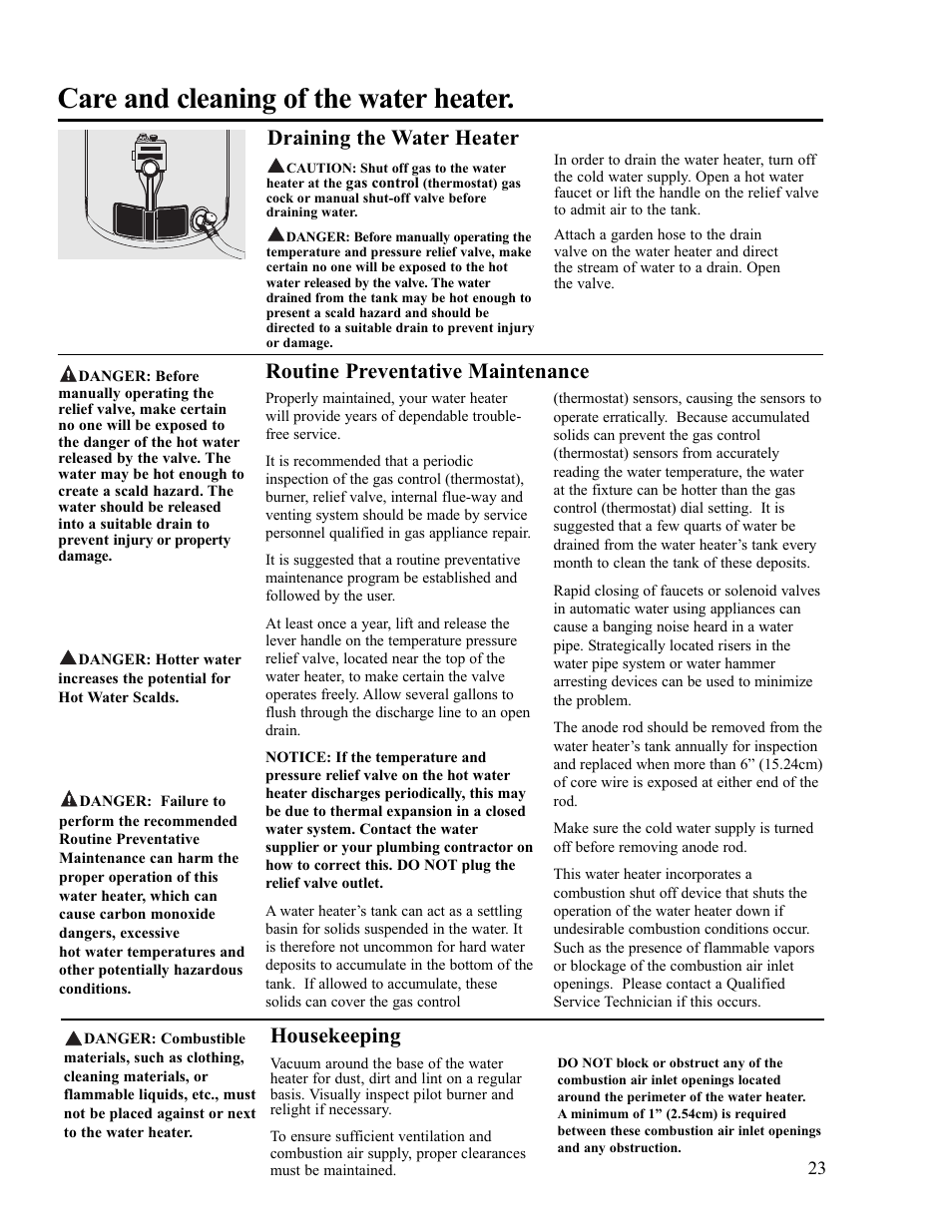Care and cleaning of the water heater, Draining the water heater, Routine preventative maintenance | Housekeeping | Ruud PowerVent 2 AP13370-2 User Manual | Page 23 / 28