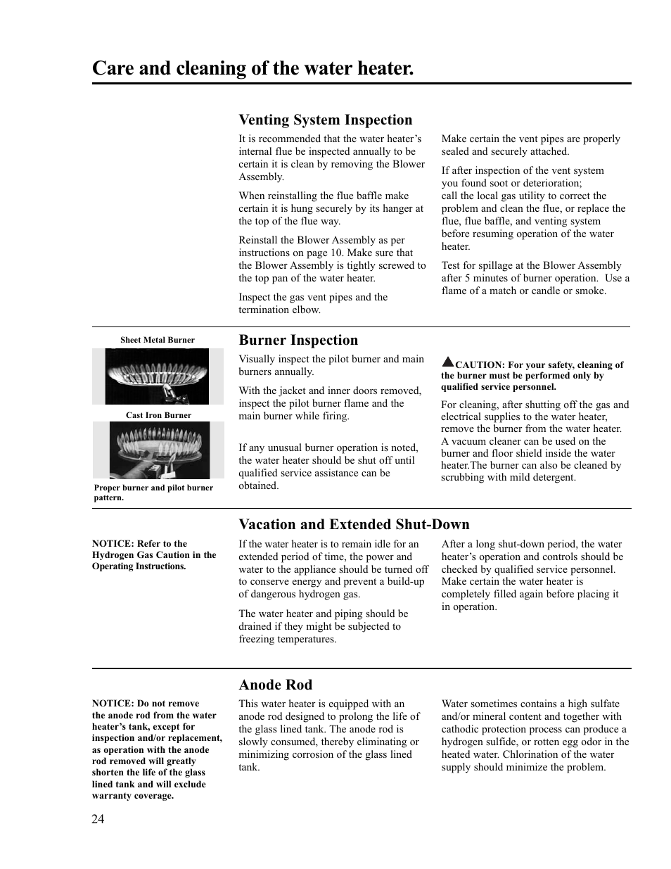 Care and cleaning of the water heater, Venting system inspection, Burner inspection | Vacation and extended shut-down, Anode rod | Ruud PowerVent 2 AP13370-2 User Manual | Page 24 / 28