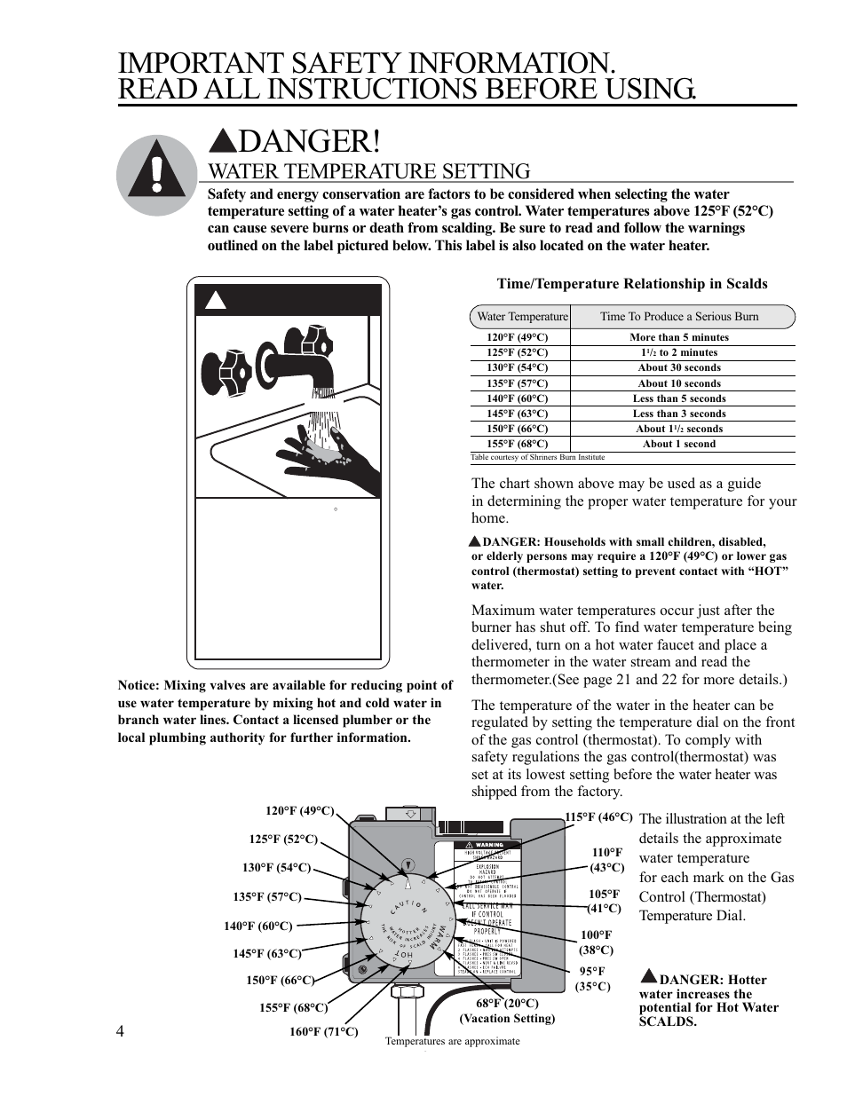 Danger, Water temperature setting | Ruud PowerVent 2 AP13370-2 User Manual | Page 4 / 28