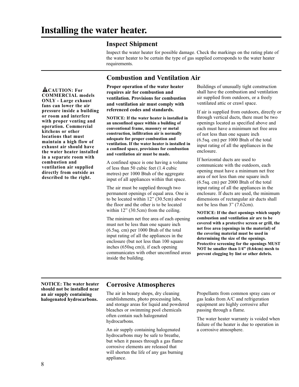 Installing the water heater, Combustion and ventilation air, Corrosive atmospheres | Inspect shipment | Ruud PowerVent 2 AP13370-2 User Manual | Page 8 / 28