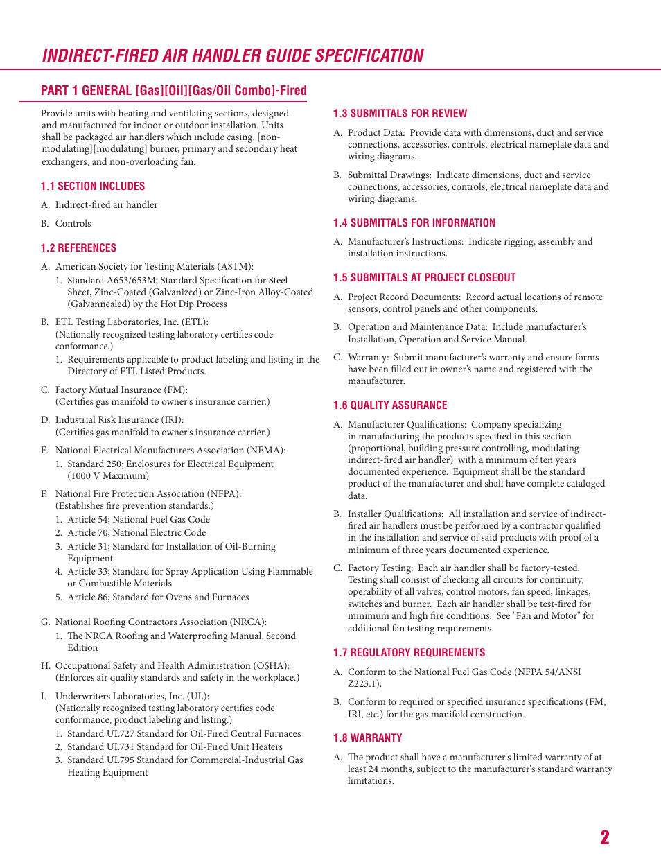 Indirect-fired air handler guide specification, Part 1 general [gas][oil][gas/oil combo]-fired | Roberts Gorden Combat IDF-Series User Manual | Page 2 / 6