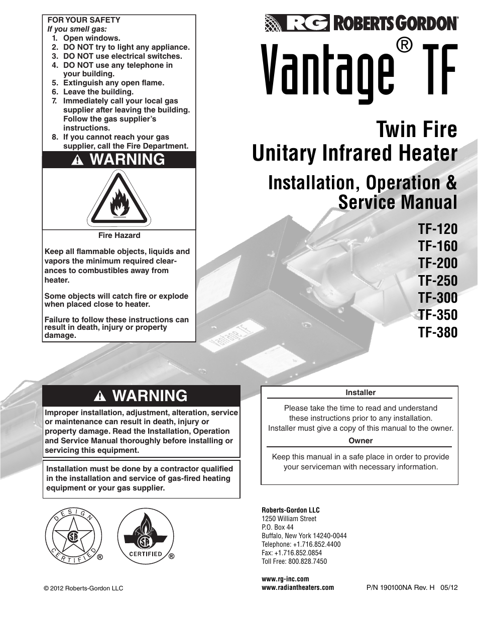 Roberts Gorden Vantage twin Fire Unitary Infrared Heater TF-250 User Manual | 72 pages