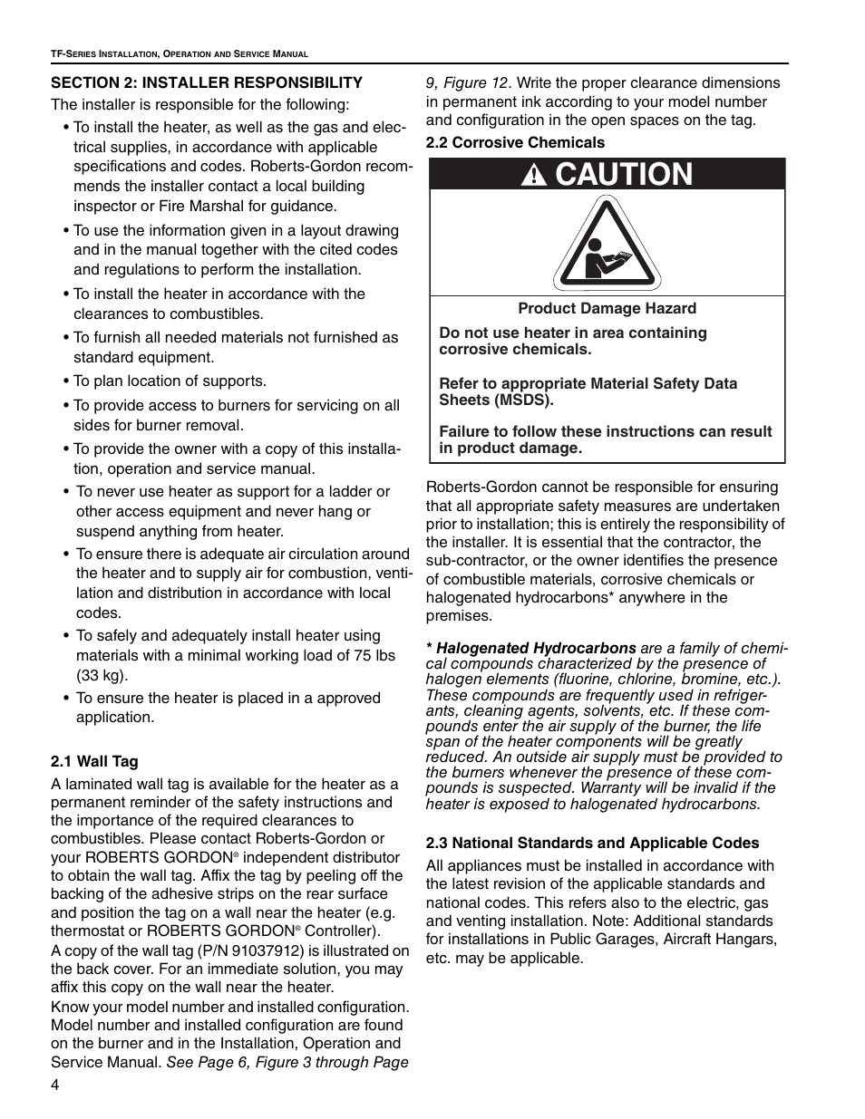 Section 2: installer responsibility, 1 wall tag, 2 corrosive chemicals | 3 national standards and applicable codes, Caution | Roberts Gorden Vantage twin Fire Unitary Infrared Heater TF-250 User Manual | Page 10 / 72