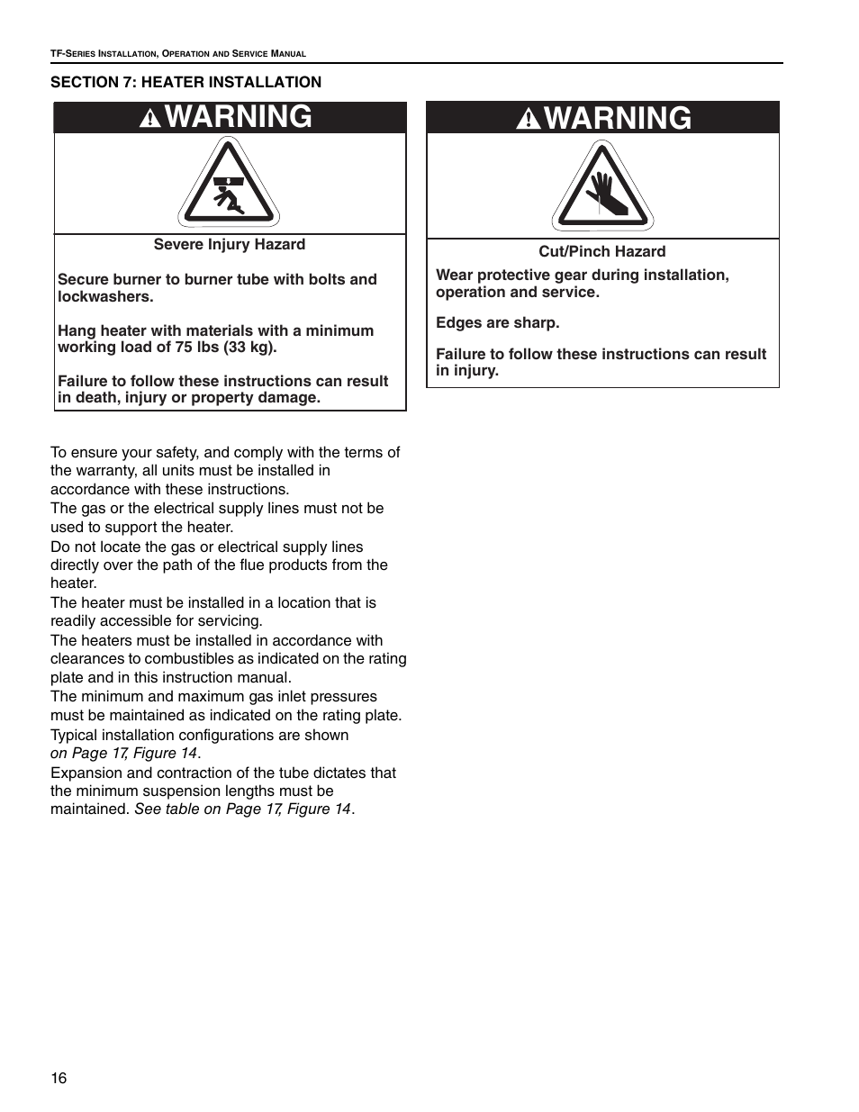 Section 7: heater installation, Section 7, Warning | Roberts Gorden Vantage twin Fire Unitary Infrared Heater TF-250 User Manual | Page 22 / 72