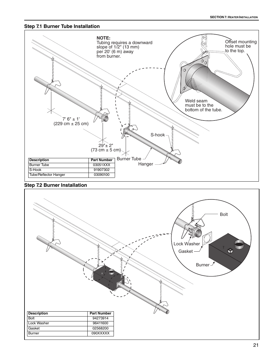 Step 7.1 burner tube installation, Step 7.2 burner installation, 1 burner tube installation 7.2 burner installation | Roberts Gorden Vantage twin Fire Unitary Infrared Heater TF-250 User Manual | Page 27 / 72