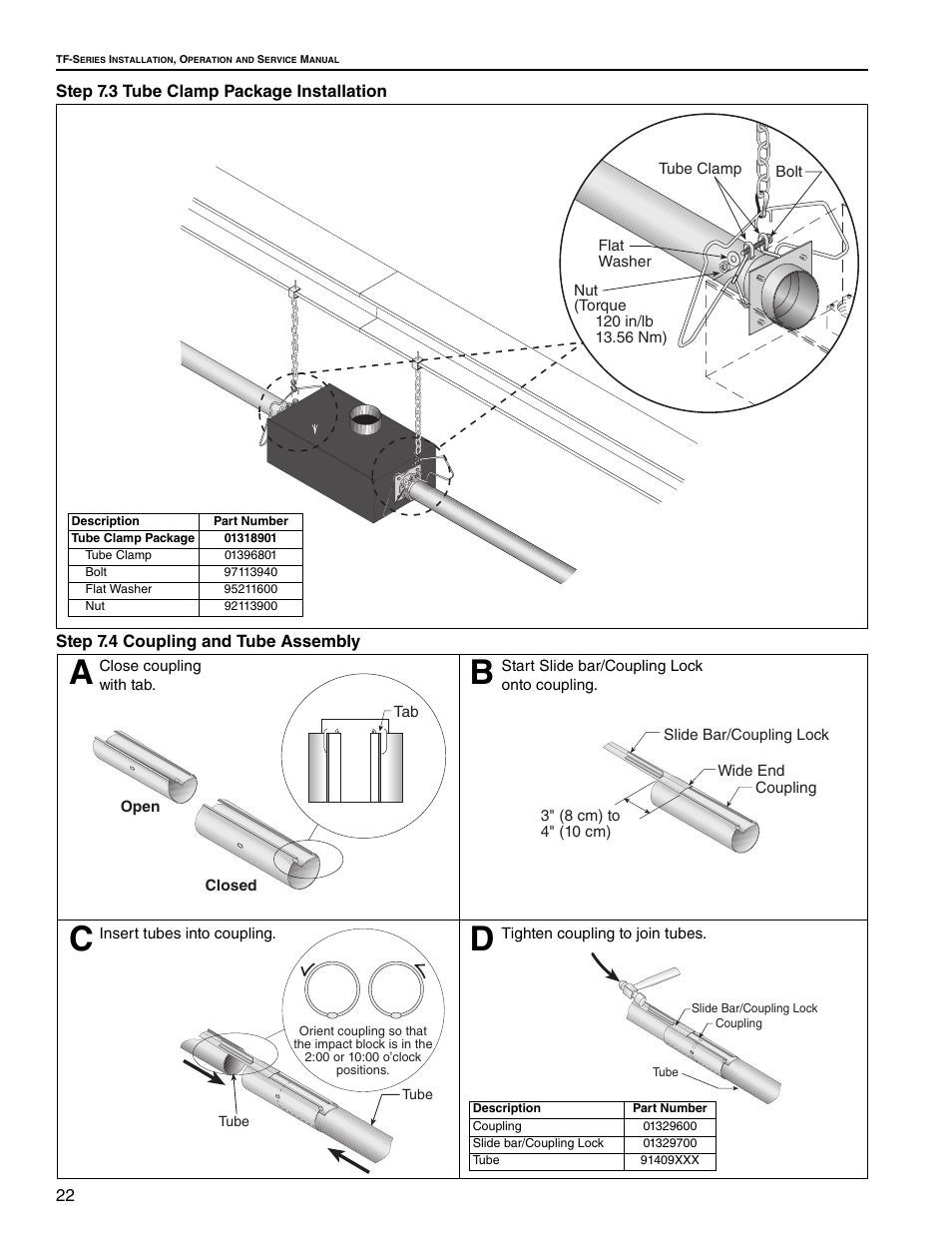 Step 7.3 tube clamp package installation, Step 7.4 coupling and tube assembly | Roberts Gorden Vantage twin Fire Unitary Infrared Heater TF-250 User Manual | Page 28 / 72