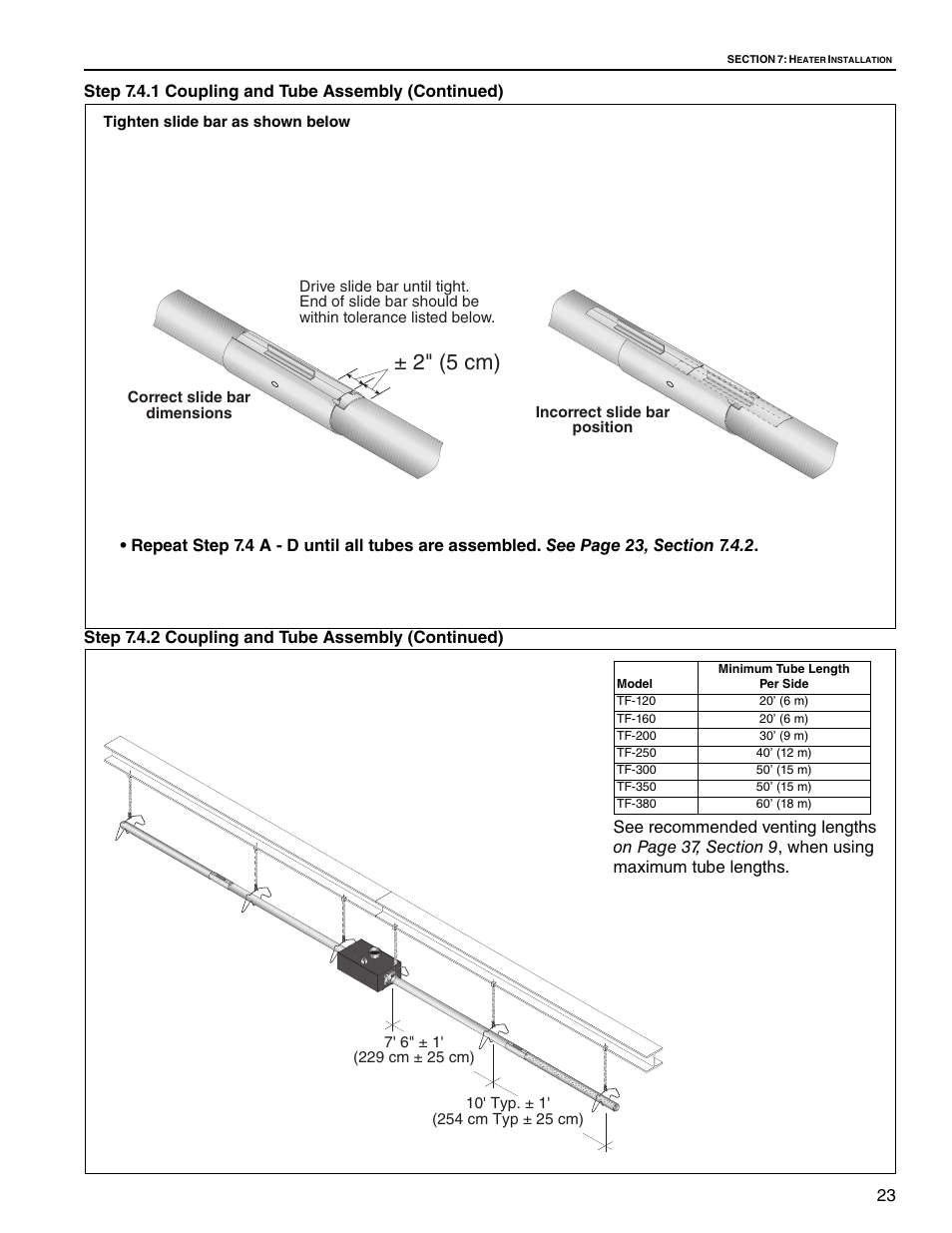 Step 7.4.1 coupling and tube assembly (continued), Step 7.4.2 coupling and tube assembly (continued), 2" (5 cm) | Roberts Gorden Vantage twin Fire Unitary Infrared Heater TF-250 User Manual | Page 29 / 72